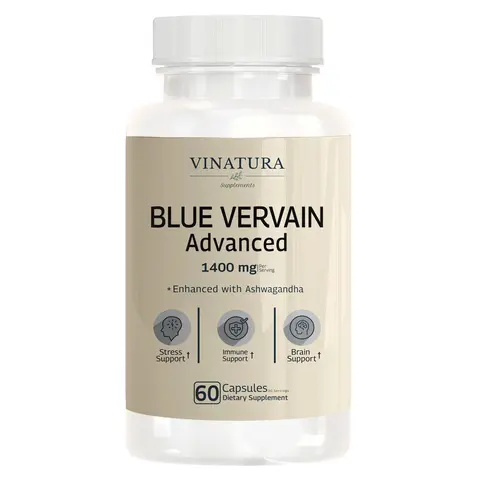 VINATURA Blue Vervain Advanced with Ashwagandha - 1400mg per serv, Blue Vervain Capsules, Blue Vervain Tea Alternative, Sleep, Calm, Stress Relief, Ashwagandha Supplements - 60 Capsules