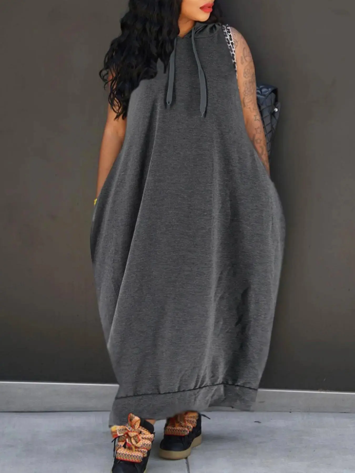 Women's Plain Drawstring Hooded Tank Dress, Casual Basic Pocket Sleeveless Dress for Summer, Fashion Women's Clothing for Daily Wear, Casual Chic Dress