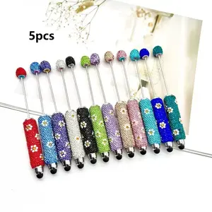 5-Pack DIY Daisy Beaded Pen Set, Ink, Creative Holiday Stationery, Touchscreen Ballpoint Pens, Office Supplies, Elegant Design, Aesthetic Pens