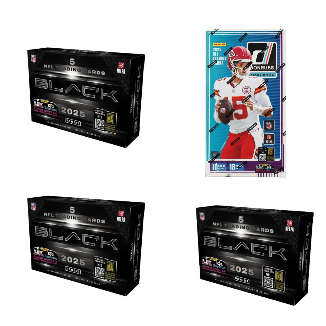 2025 Panini Black NFL PYT Sports Card break featuring 2025 PANINI NFL BLACK HOBBY (4 boxes) with 2-3 Autographs and 1 Mem per box!