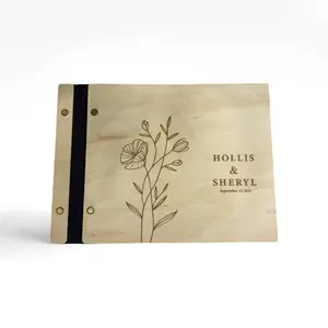 Personalized Wooden Wedding Guest Book with Mountain Design & Burgundy Spine - Rustic Photo Album for Messages, Polaroids, Anniversary Gift | DIY Keepsake Memory Book for Couples 6 x 8.5 inches