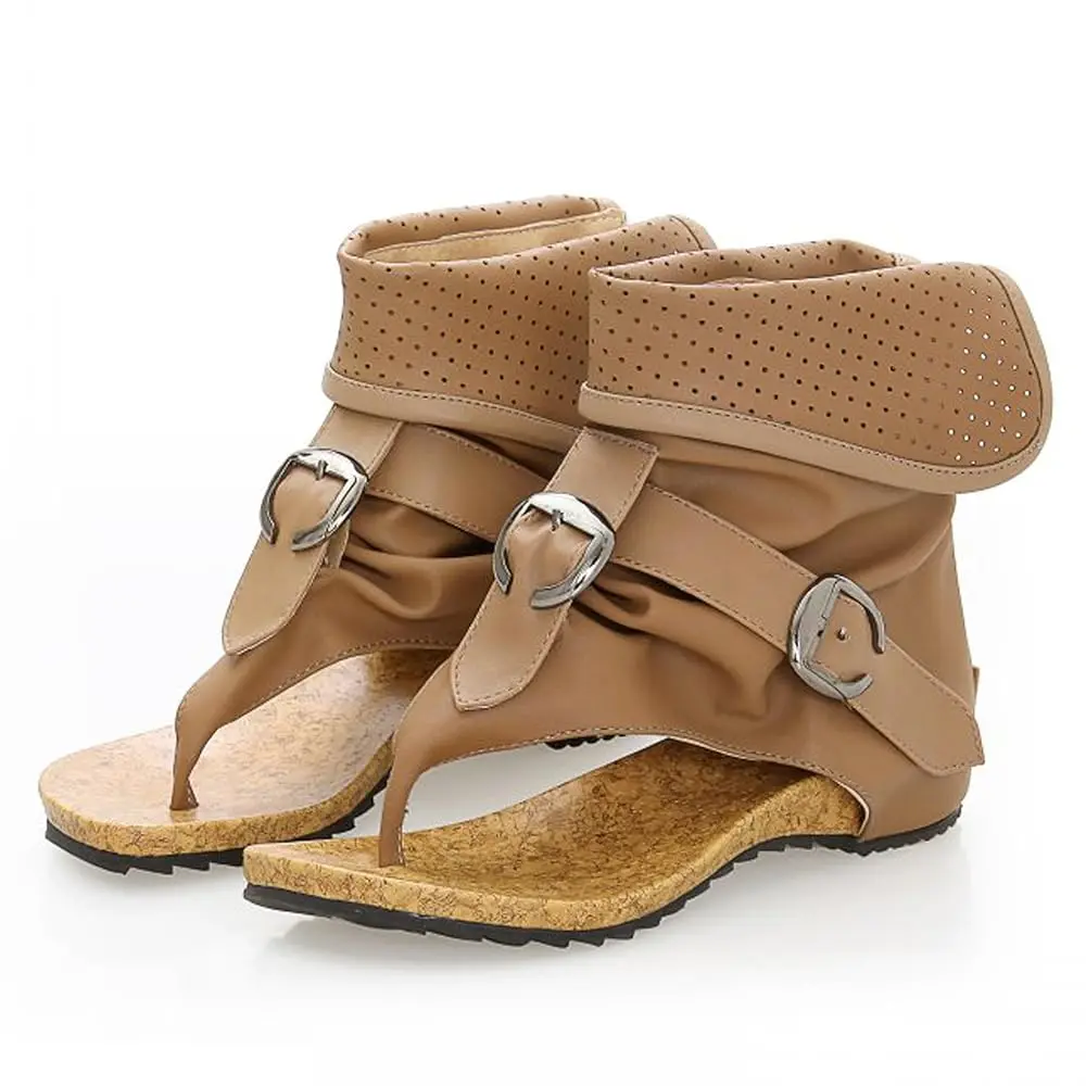 Clearance Sale Womens Brown Ankle Cuff Gladiator Sandals with Buckles Comfortable Flat Cork Footbed Flip Flop Sandals Perforated Breathable Summer Sandals for Casual Beach Wear