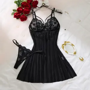 SILIX Lace Babydoll Slip Dress Cami Nightdress & Thong Breathable Sheer Mesh Sexy Feminine Lingerie Set Underwear Matching
