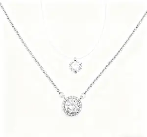 MEIITRUE Dainty Layered Invisible String Necklace Set – Double Layer Cubic Zirconia Pendant, 14K Gold Plated, Adjustable, Elegant Everyday Jewelry vintage