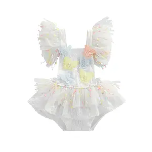 Infant Baby Girl Summer Jumpsuit Ruffle Sleeve Lace Patchwork Gauze Colorful Butterfly Patch Romper Bodysuit