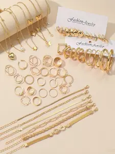 58 Piece Fashion Women's Jewelry Set Heart Butterfly Multi-Layer Necklace Ring Earrings Bracelet Set, Daily Wear, Party Gift, Fashionable Jewelry Set