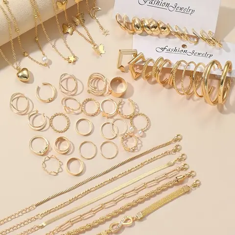 58 Piece Fashion Women's Jewelry Set Heart Butterfly Multi-Layer Necklace Ring Earrings Bracelet Set, Trendy Jewelry Set, Daily Wear, Party Gift, Jewellery Gift Set, Fashionable Jewelry Set