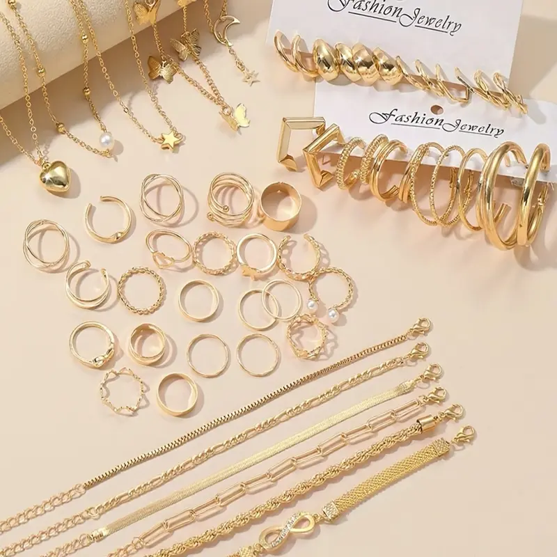 58 Piece Fashion Women's Jewelry Set Heart Butterfly Multi-Layer Necklace Ring Earrings Bracelet Set, Trendy Jewelry Set, Daily Wear, Party Gift, Jewellery Gift Set, Fashionable Jewelry Set