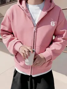 Men's Light Blue Zip-Up Hooded Sweatshirt, Heavyweight Loose Fit Casual Jacket, Minimal Embroidery, Streetwear for Spring & Autumn, 5 Colors