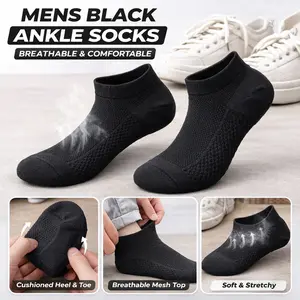 Men's Black Low-Cut Socks - Breathable Mesh, Cushioned Heel & Arch Support