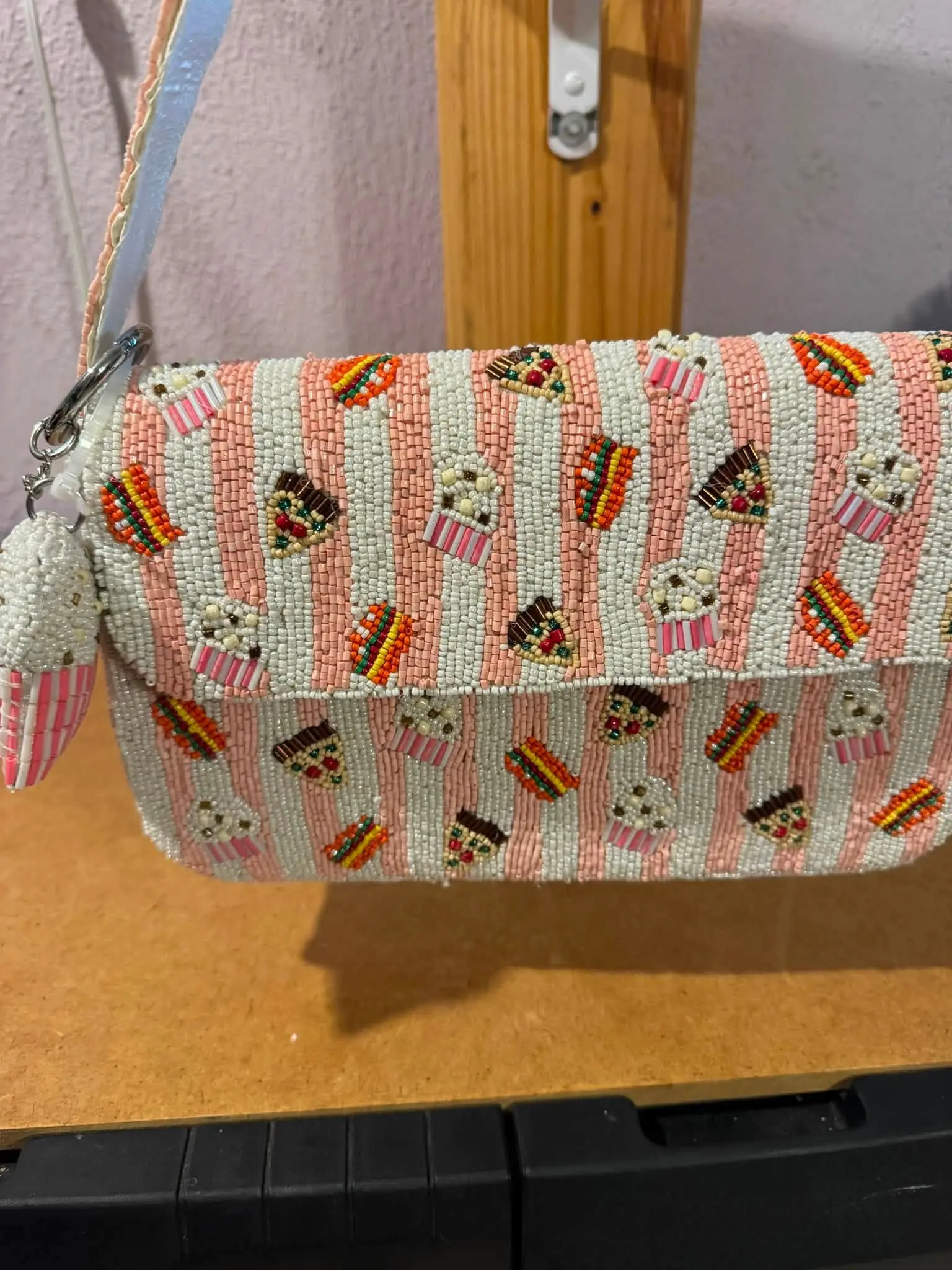 Cupcake Pattern Beaded Clutch with Pink Stripes and Multicolor Beads, Ideal for Events and Parties