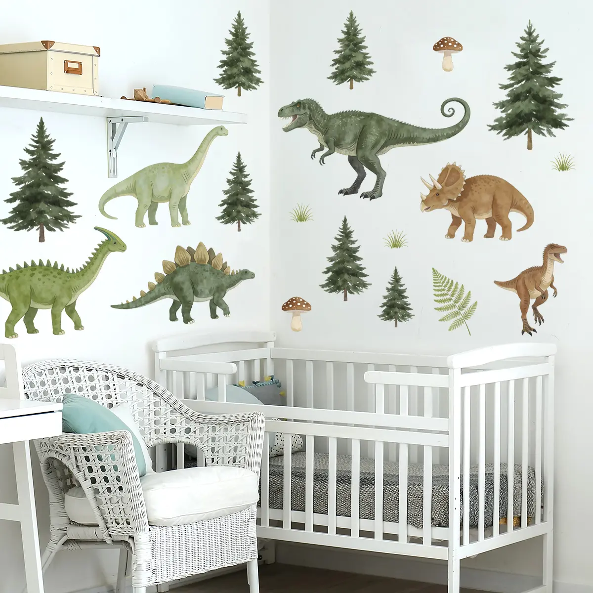 1 Pc 30×90cm Watercolor Jurassic Dinosaur Forest Wall Sticker Wall Decal Realistic Dinosaur Self-Adhesive Decorative Stickers for Kids Room Wall Decor Decoration Sticker