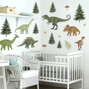 1 Pc 30×90cm Watercolor Jurassic Dinosaur Forest Wall Sticker Wall Decal Realistic Dinosaur Self-Adhesive Decorative Stickers for Kids Room Wall Decor Decoration Sticker