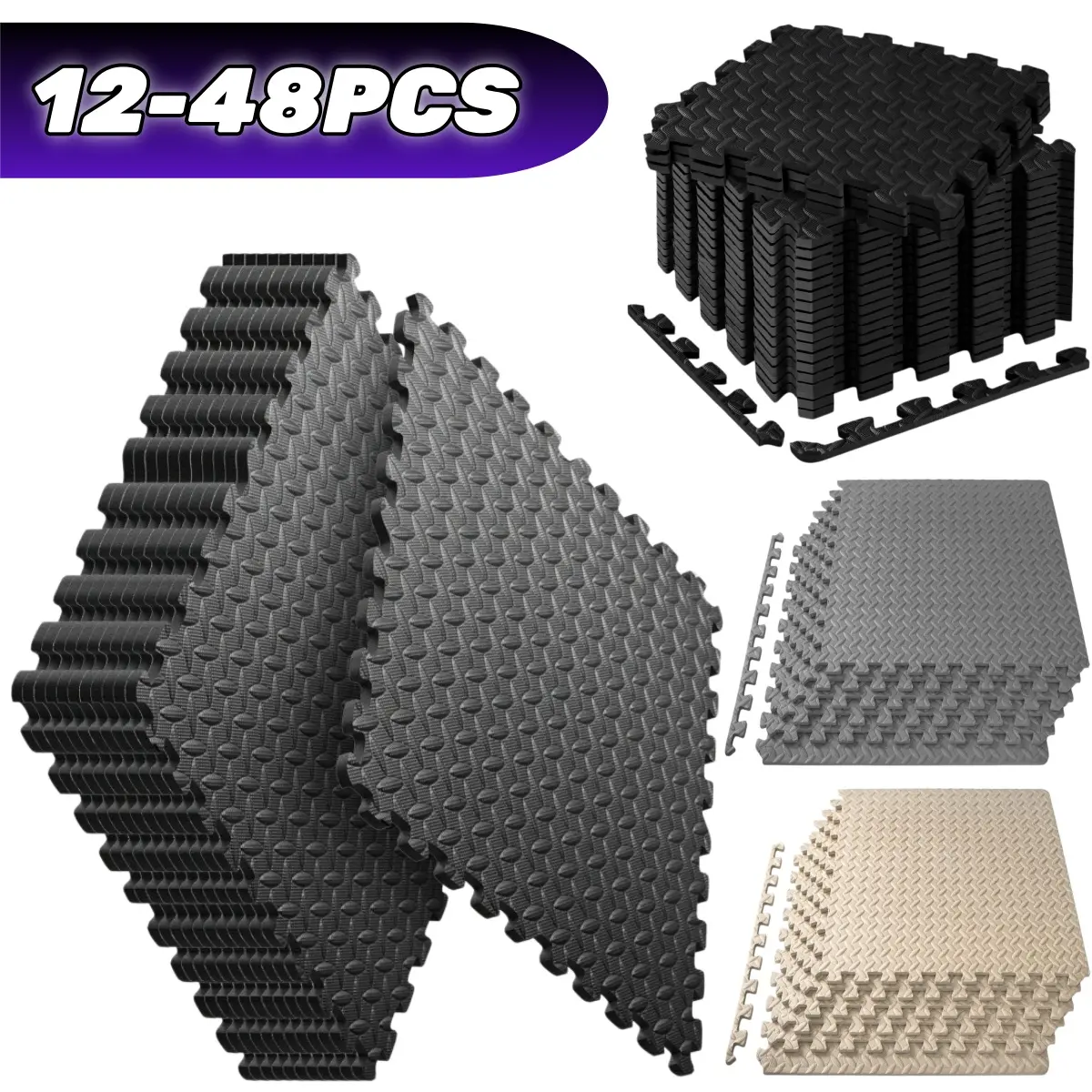 12-48 Pack Exercise Mats Puzzle Foam Mats Gym Flooring Mat Cover Set, High-Density EVA Interlocking Foam Floor Tiles Protector Mat Non-Slip Waterproof, Easy to Clean, Universal for Home Workout Gym Equipment and Kids' Play Areas - 12x12x0.4 inch
