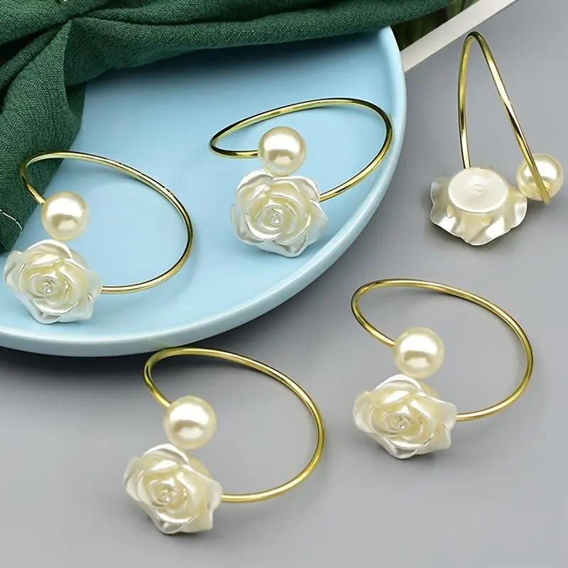 10pcs Napkin Rings - Floral Design with White & Golden-Tone Finish, Elegant Table Decor for Thanksgiving, Weddings, Banquets - Durable Plastic Kitchen & Dining Accessories, Wedding Table Decor | Brushed Metal Finish