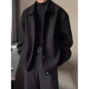 Popular Autumn Wool Coat for Boys — Fashion Brand Trend, Handsome Student Style, Versatile Loose Casual Coat, Men’s Jacket/Top, Long Sleeve, Solid Color (Beige/Black), Extended Length