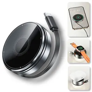 3 In 1 Magnetic Wireless Charging Stand with Retractable Cable,15W Fast Charging Dock For Smartphone Smartwatch and Earbuds, Phone Holder Function