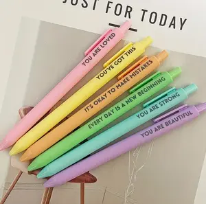 Retractable Happy Positive Pens - Black Ink, Easy Clip, Rubber Finished Ball Pens - 6pcs Pastel Motivational Inspirational Encouraging Pen Set - Colorful & Cute Pens for Journaling, Writing Supplies
