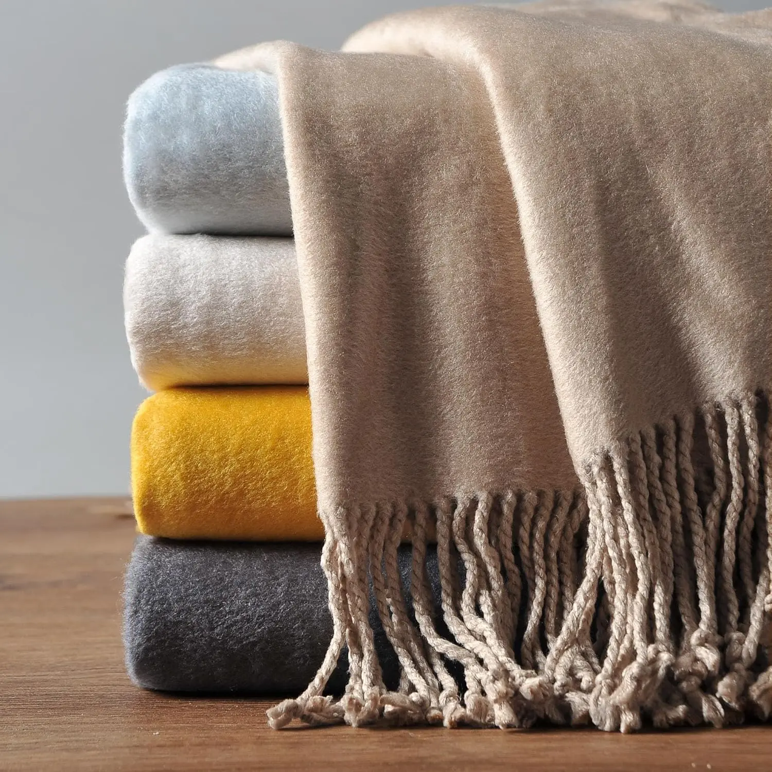 Fringed Knotted Mulberry Silk Throw Blanket, Breathable Tan (Rugby Tan) All-Season Blanket for Sofa, Ideal for Allergy Sufferers