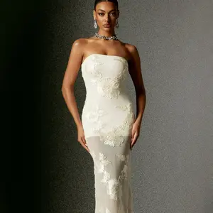 BellaBarnett Deliyn Strapless Embroidery Flower Mesh Maxi Dress