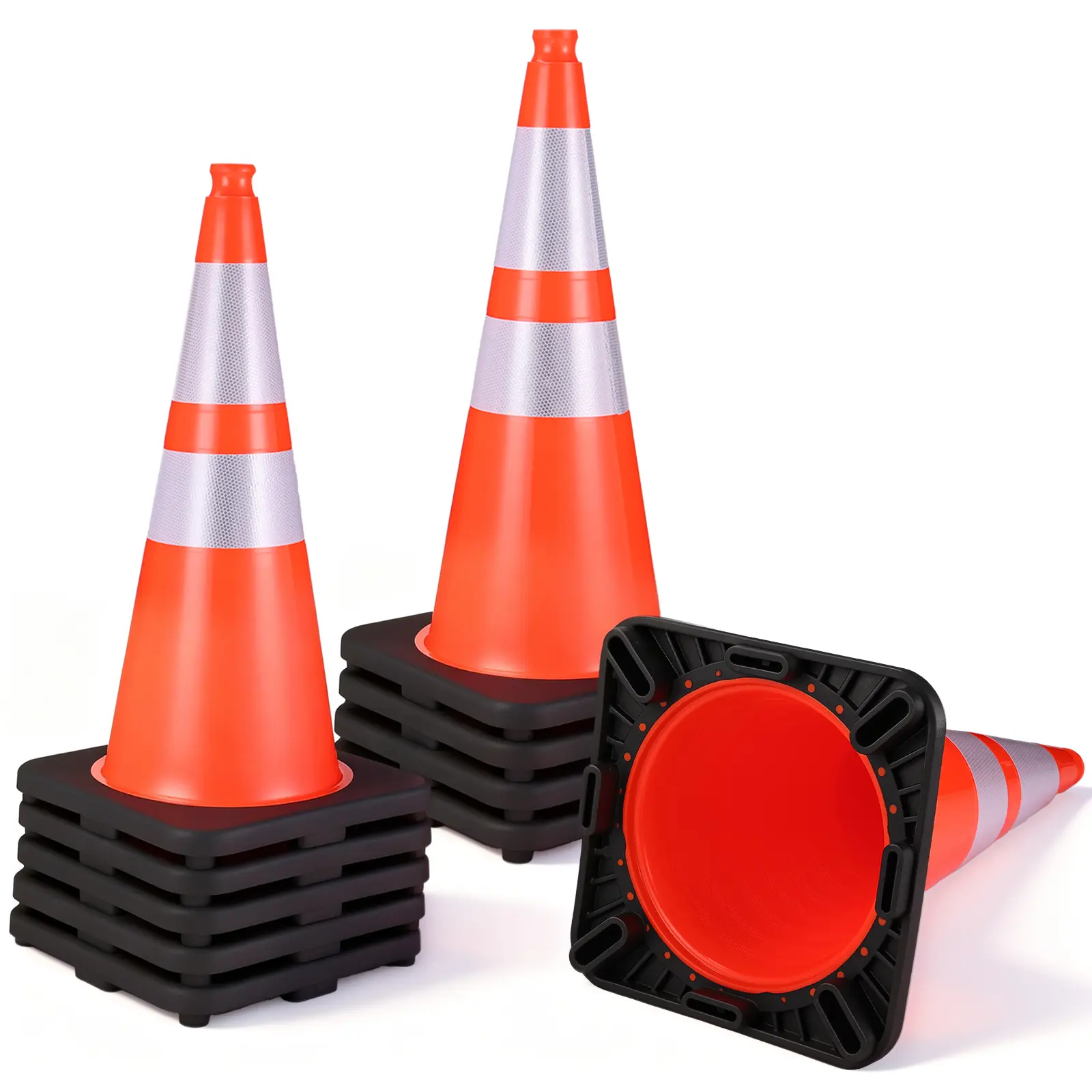 GOCHIFIX 10-Pack 28-In Traffic Cones - 7 Lb Black Base, Reflective Collars, Durable High-Visibility Safety Gear for Traffic Control, Hazard Marking, Extreme Hot and Cold Conditions, Quick Placement/Removal