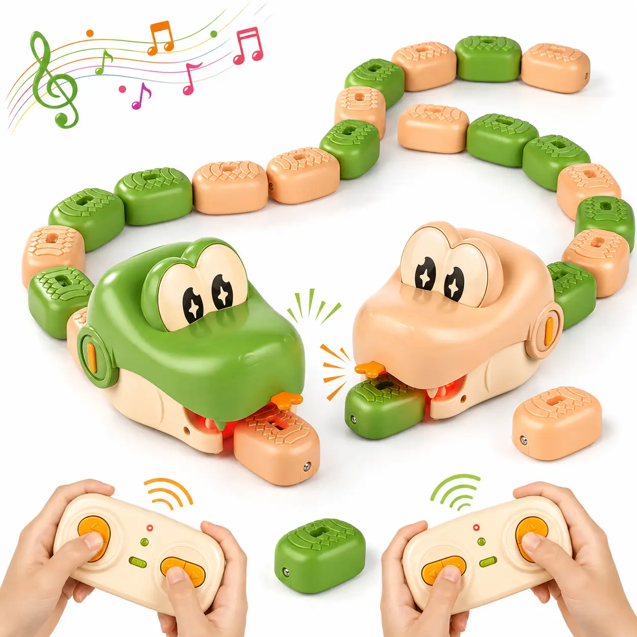 2 Player Snake Game, Remote Control Snake Toy with Magnetic Blocks, Lights & Sounds, Interactive Game for Kids