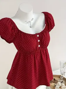 Women's Comfortable Fitted Square Neck Polka Dot Print Short Sleeve Shirt, Thanksgiving Fashion, Christmas, Office Wear, Elegant Vintage Style