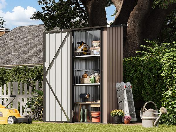 Aoxun Outdoor Storage Shed with Floor - Vertical Cabinet with 2 Adjustable Shelves & Lockable Doors, Waterproof Small Tool Shed, for Backyard Garden Patio Lawn Indoor, Brown
