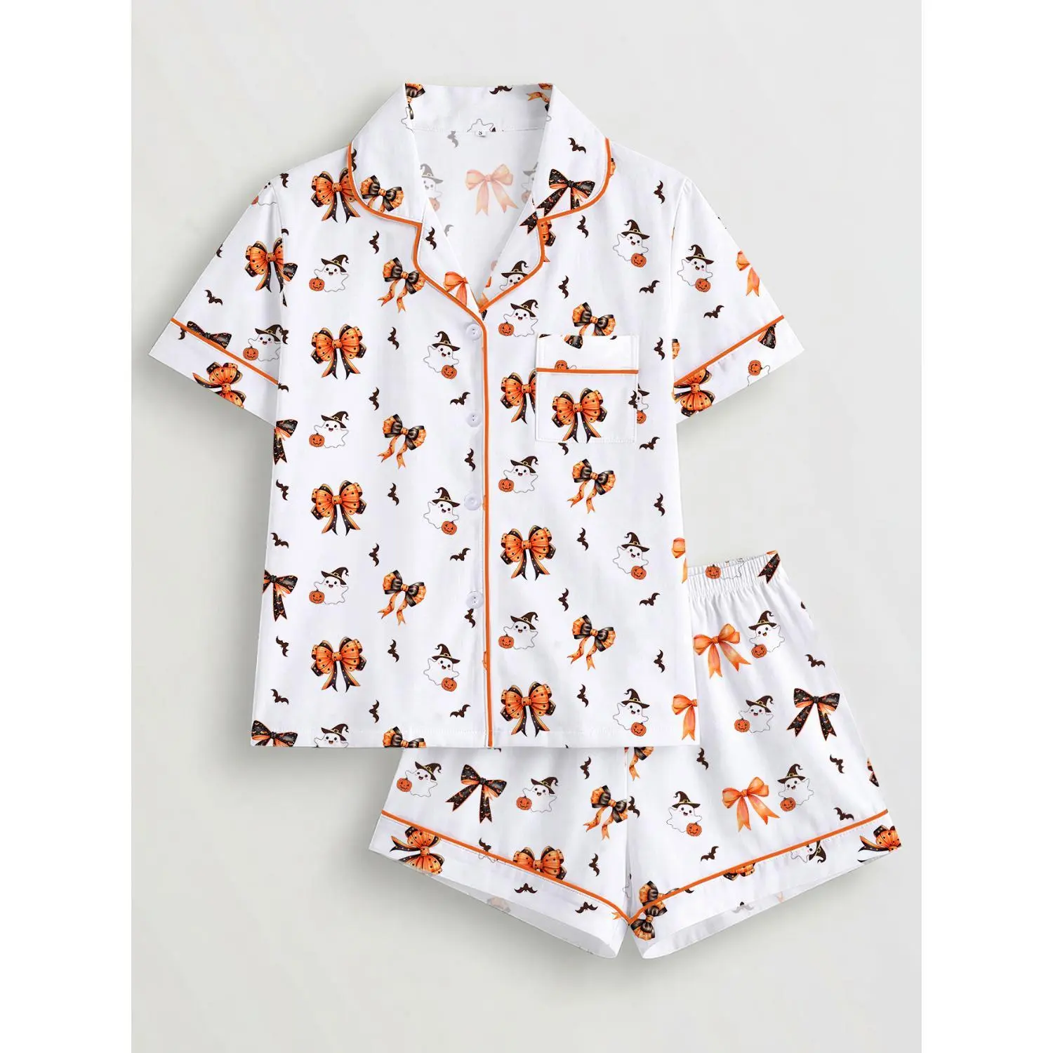 Halloween 2-Piece Women's Pajama Set - Pumpkin & Cute Ghost Print, Short Sleeve Lapel Top and Elastic Shorts, Cozy All-Season Sleepwear