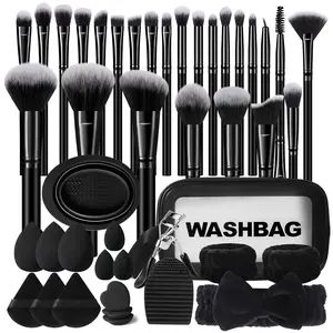 44pcs Makeup Sponge & Brush Set | Powder/Blush/Contour/Nose/Eyeshadow/Brow/Lip/Detail Brushes + Sponges/Puffs/Remover Puffs + Brush Cleaning Bowl + 2 Headbands + Cosmetic Bag, Makeup Brush Storage