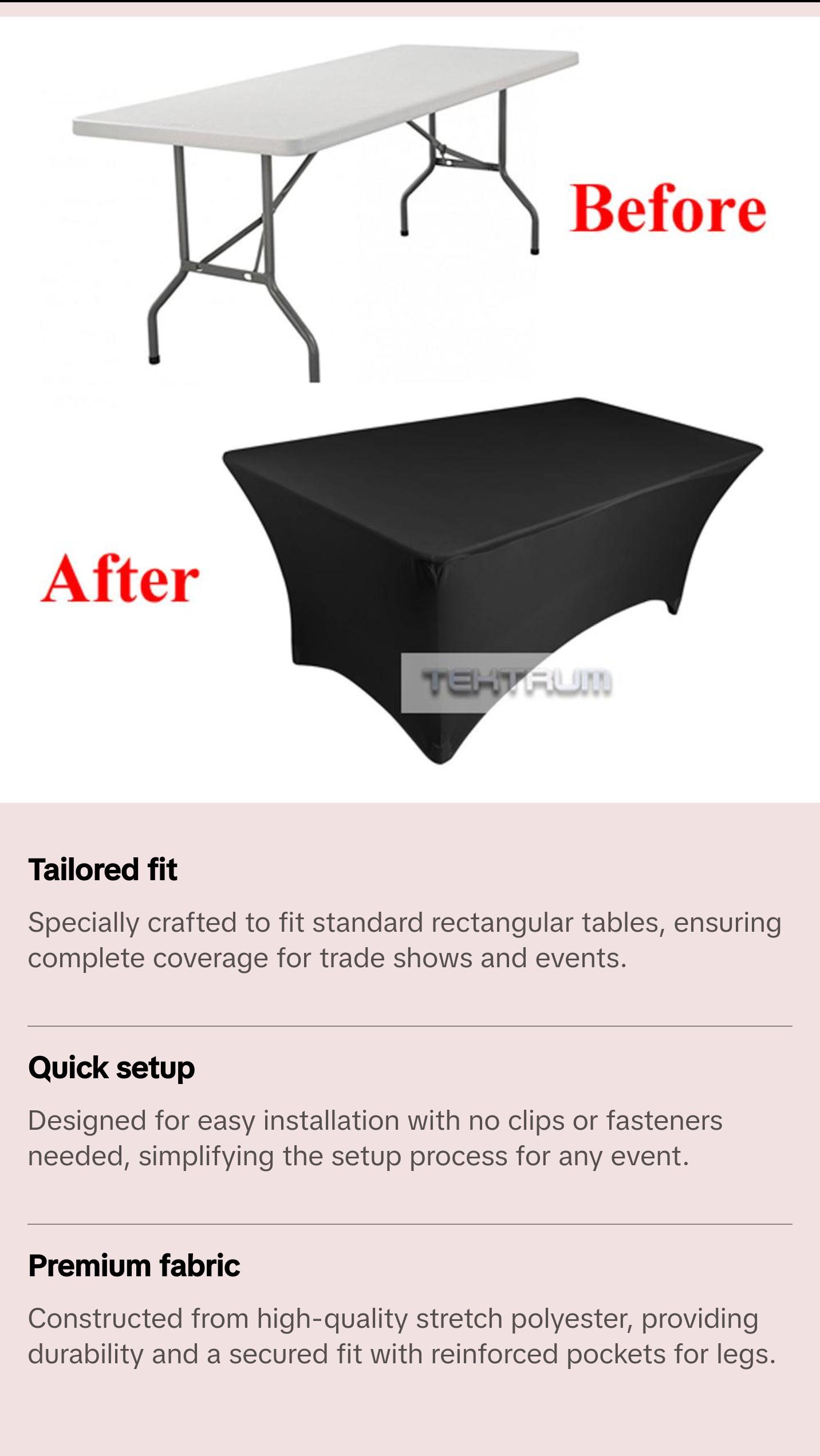 Tektrum  4ft/6ft/8ft Long Rectangular Stretch Tablecloth, Spandex Jacket Cover, Tight Fit Linen-Fitted Table Cover For Trade Show, DJ, Wedding, Party, Banquet, Event, Kiosk, Vendor - Premium Fabric (Black)