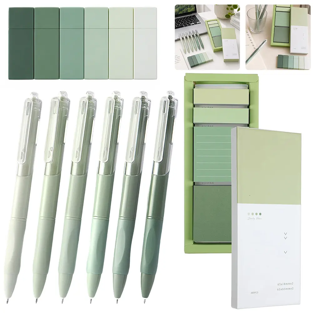 Green School Study Office Supplies, Including 6 Retractable Black Ink Gel Pens, 6 Correction Tape, 1 Box Sticky Notes