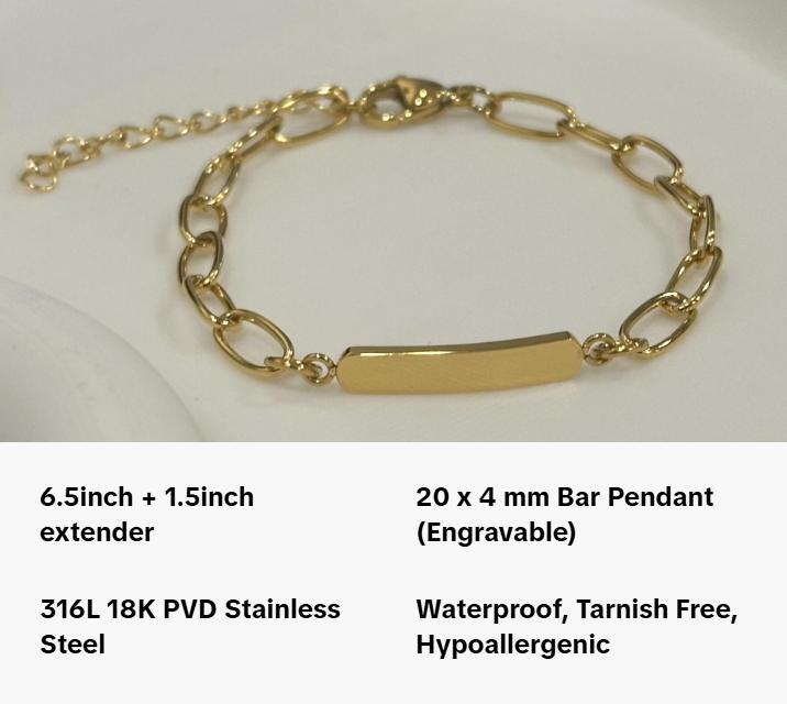 Personalized Engraved Stainless Steel Bracelet - Custom Name Bar with Custom Engraving, Waterproof Gold & Silver Charm, 6.5 inch + 1.5 inch Extender Adjustable Paperclip Bracelet, Birthday Personalized Gifts for Her