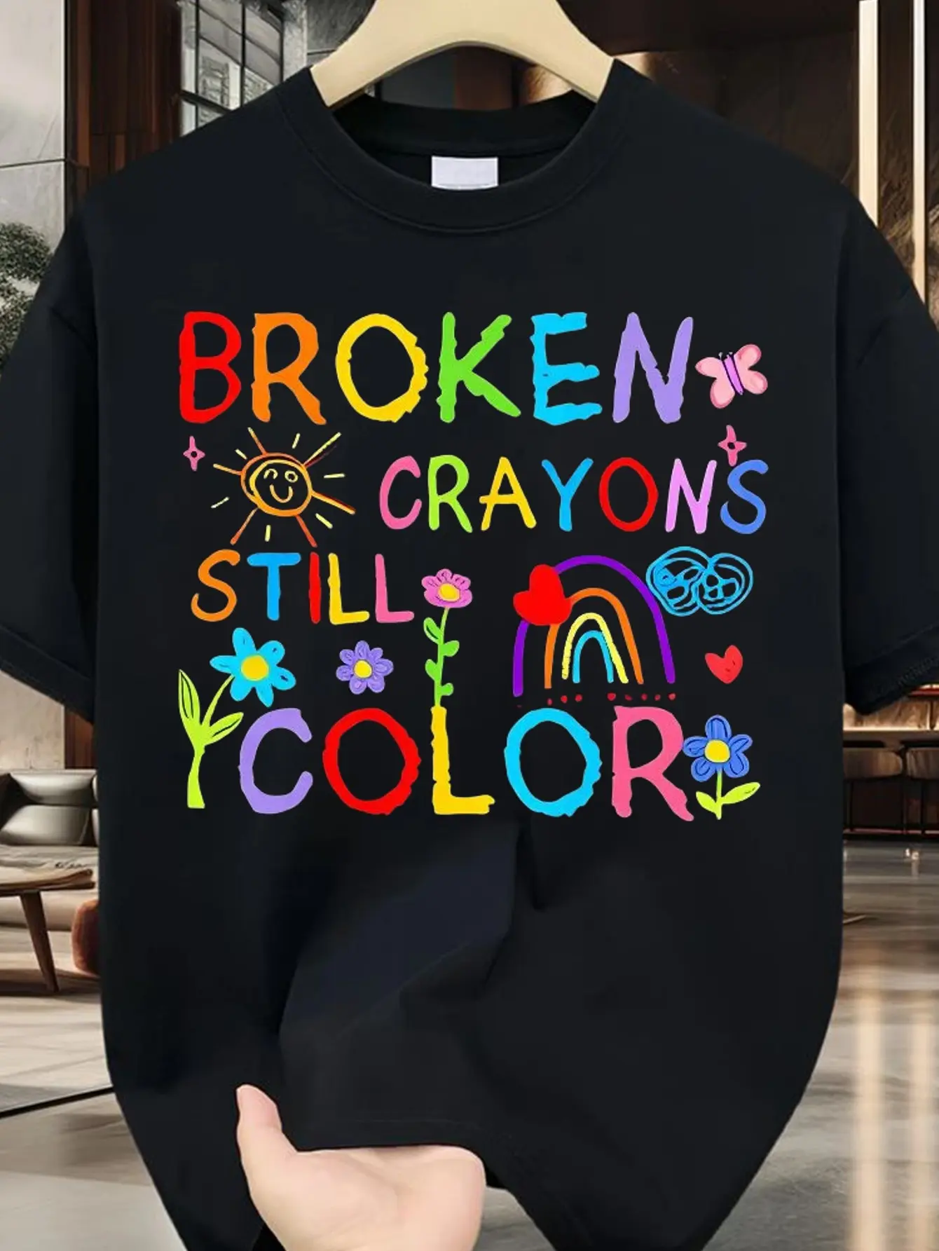 Broken Crayons Still Color Colorful Doodle Mental Health Awareness Unisex Crewneck T-Shirt Casual Menswear Soft Breathable Quote Short Short Sleeve Short Sleeve Tshirt