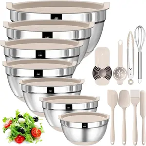 Mixing Bowls with Airtight , 20 count Stainless Steel Metal Nesting Bowls, Non-Slip  Bottom, Size 7, 3.5, 2.5, 2.0,1.5, 1,0.67QT  for Mixing, Baking, Serving (Khaki)