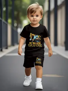 Cute Printed Short-sleeve Outfit for Infants & Toddlers with Construction Excavator Pattern, Casual Kids' Clothing, T-shirt Set Ideal for Daily Wear and Outdoor Activities. Made of 100% Polyester, a Perfect Gift for Little Ones!