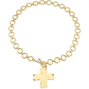 Chunky Statement Gold Hammered Bold Cross Necklace Thick Vintage Chain Pendant Jewelry