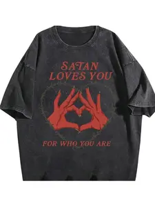 Gothic Style Streetwear 'satan Loves You' Round Neck Graphic T-Shirt, Vintage Base with Demon Hand Print, Unisex Casual Fit, Breathable Fabric