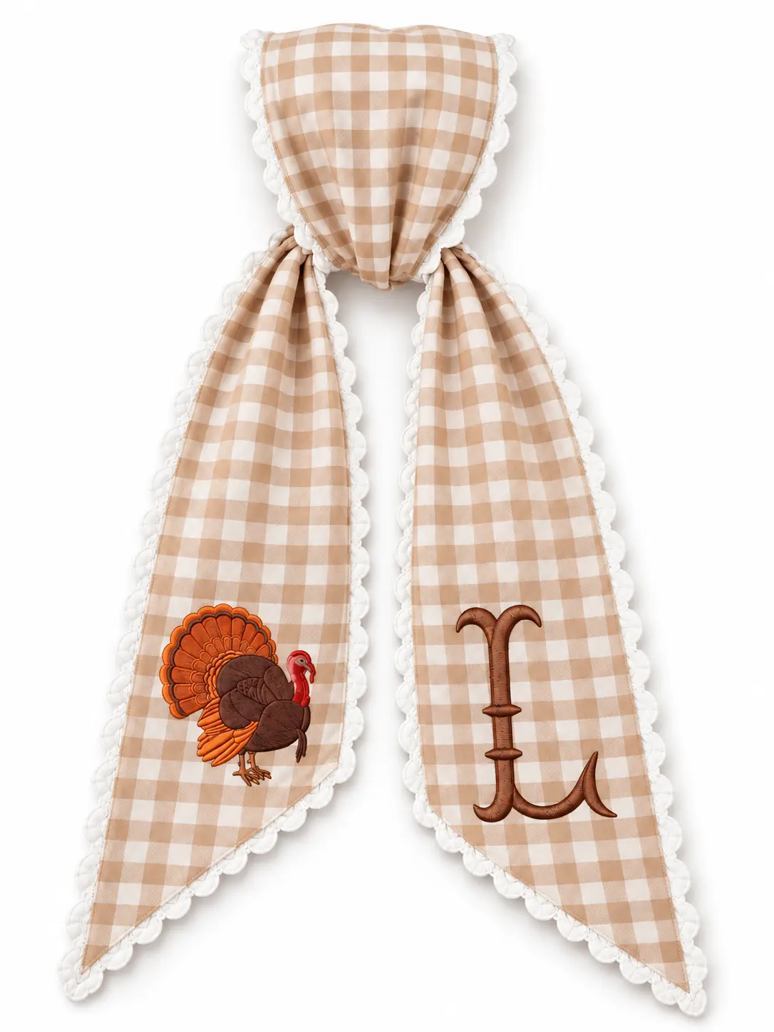 Personalized Thanksgiving Wreath Sash, Custom Text Embroidered Turkey and Monogram Bow, Beige White Gingham with White Scalloped Trim, Rustic Farmhouse Fall Harvest Front Door Decoration, Sash Only