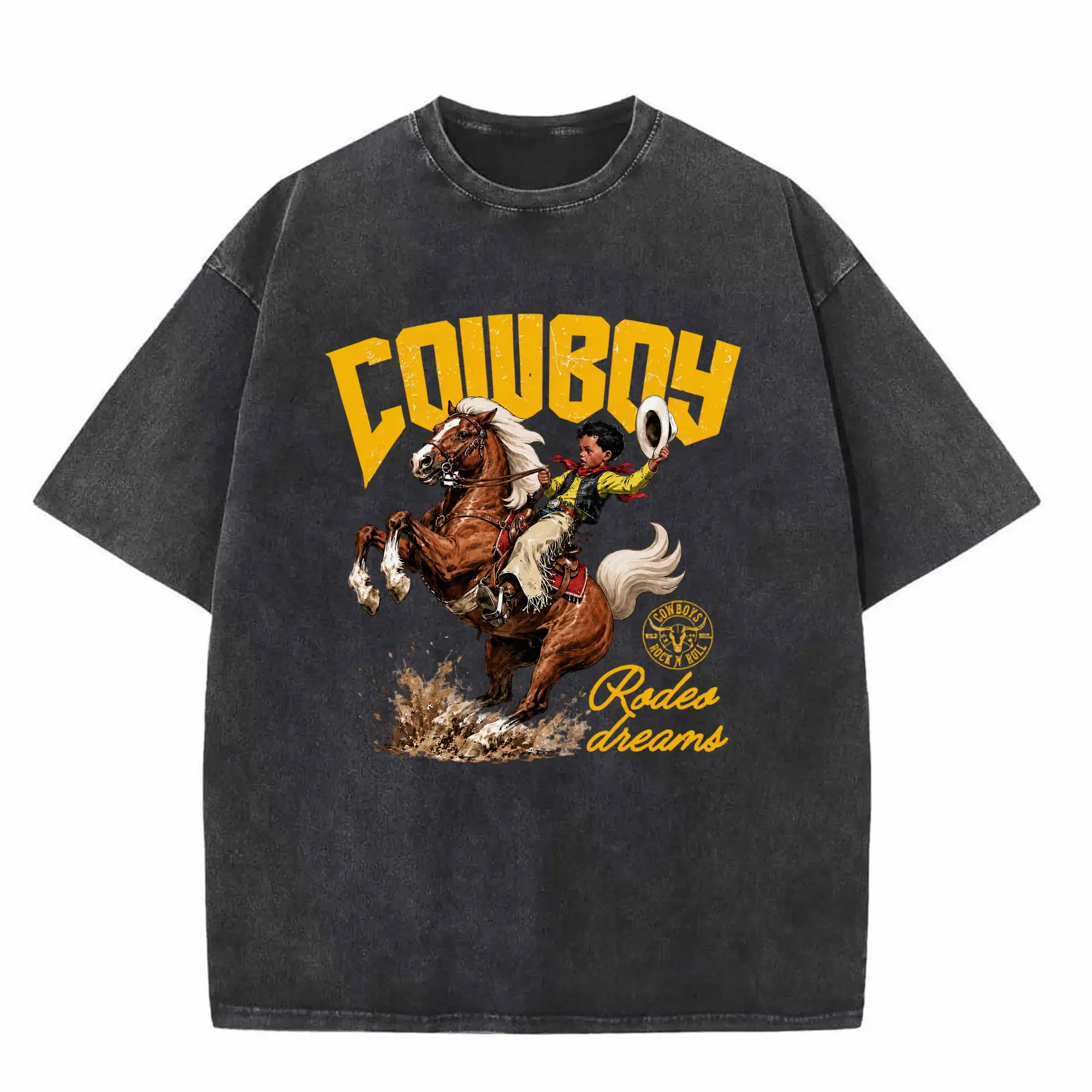 Men's Streetwear Shortsleeve Graphic T-Shirt - Western Cowboy Rodeo Horse Print, Distressed Cotton Round Neck, Loose-Fit Casual Vintage Korean Menswear Top, Machine Washable, All Seasons