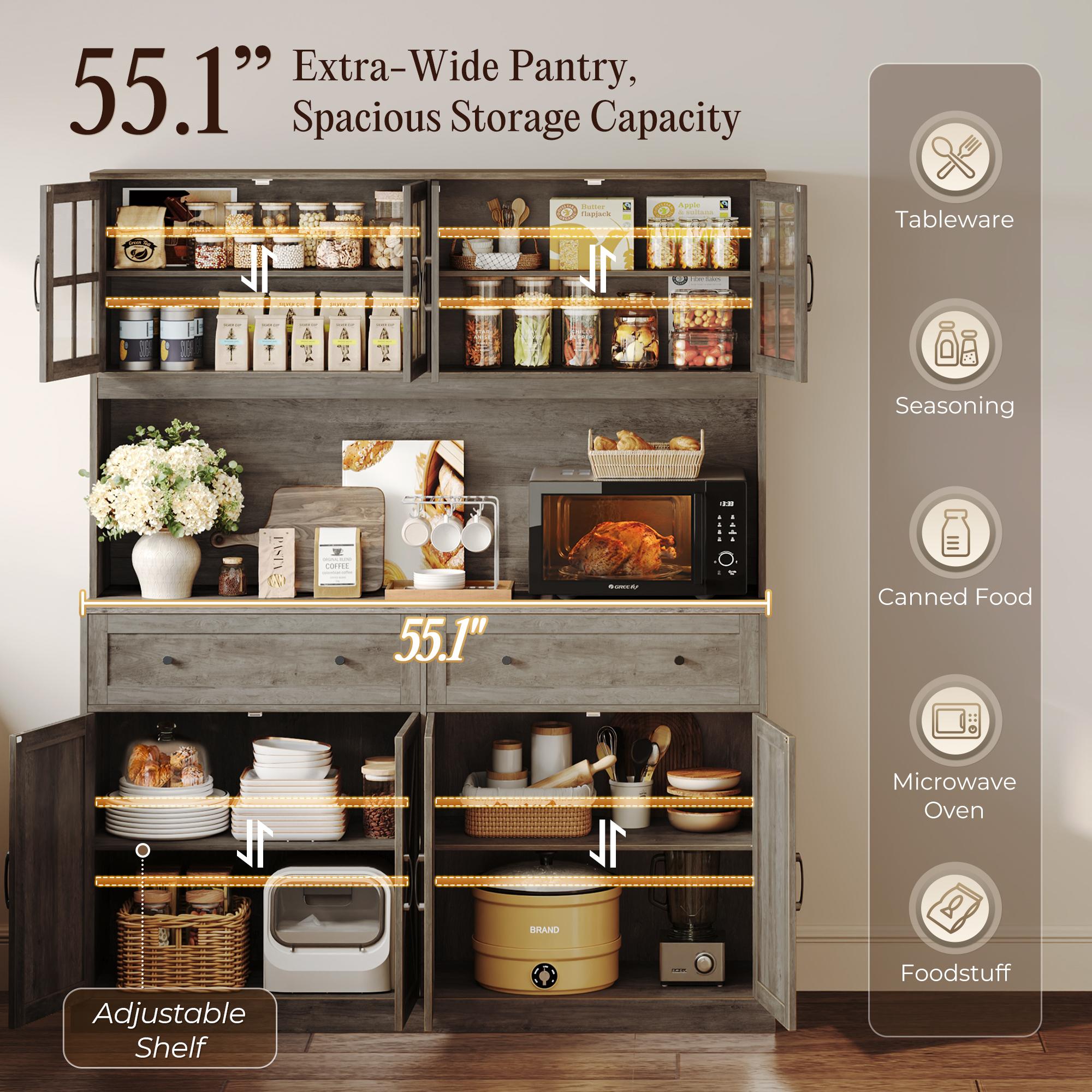 【2 Packages Shipping】PRAISUN 71''H x 55.1''W Pantry Cabinet with Charging Station, 4 Wide Cabinets Kitchen Pantry with 2 Drawers, Farmhouse Hutch Storage Cabinet, Tall Coffee Bar, Acrylic Door, Adjustable Shelves