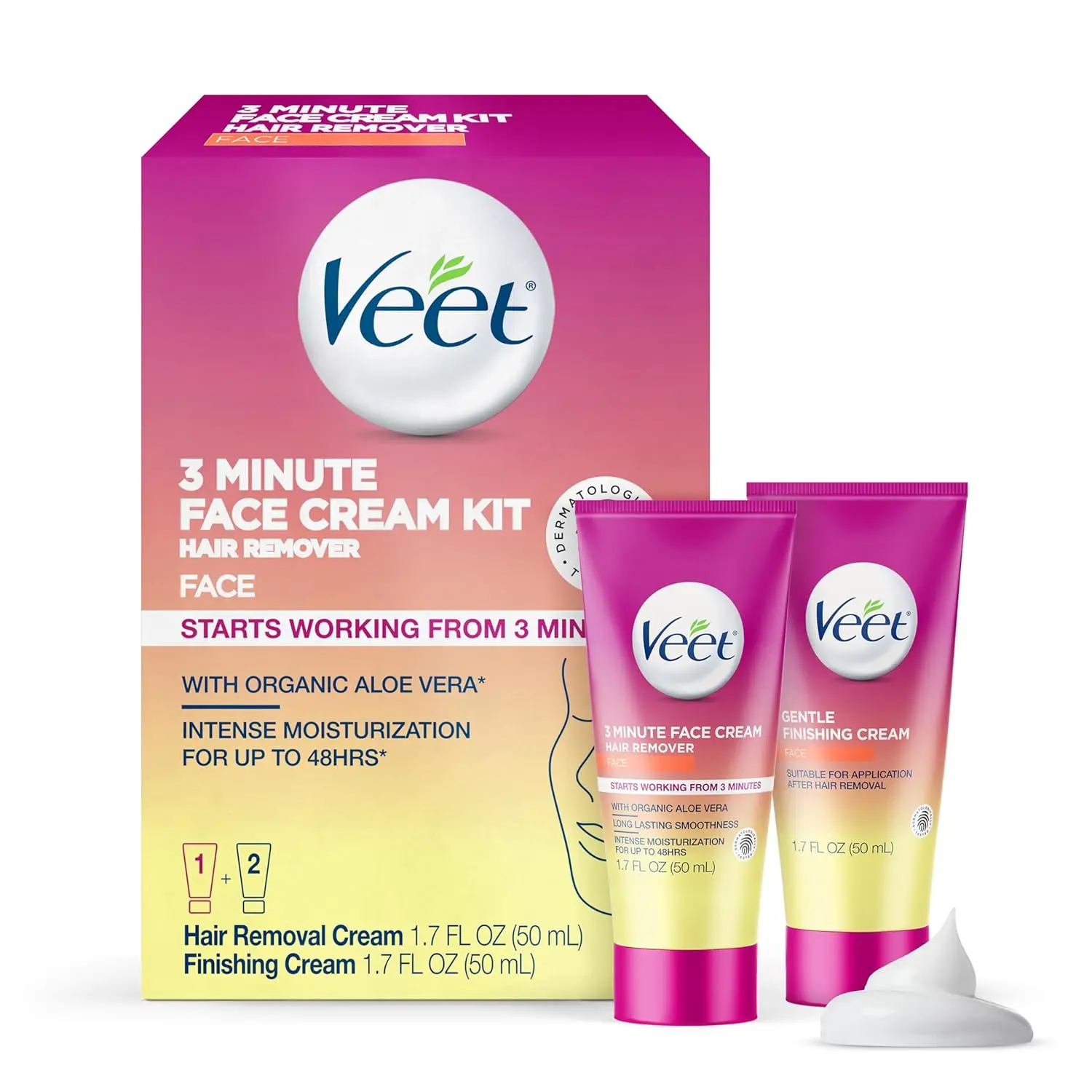 Veet 3 Minute Facial Hair Removal Cream for Women, Depilatory Cream with Organic Aloe Vera, 2 Piece Women's Facial Hair Remover Kit