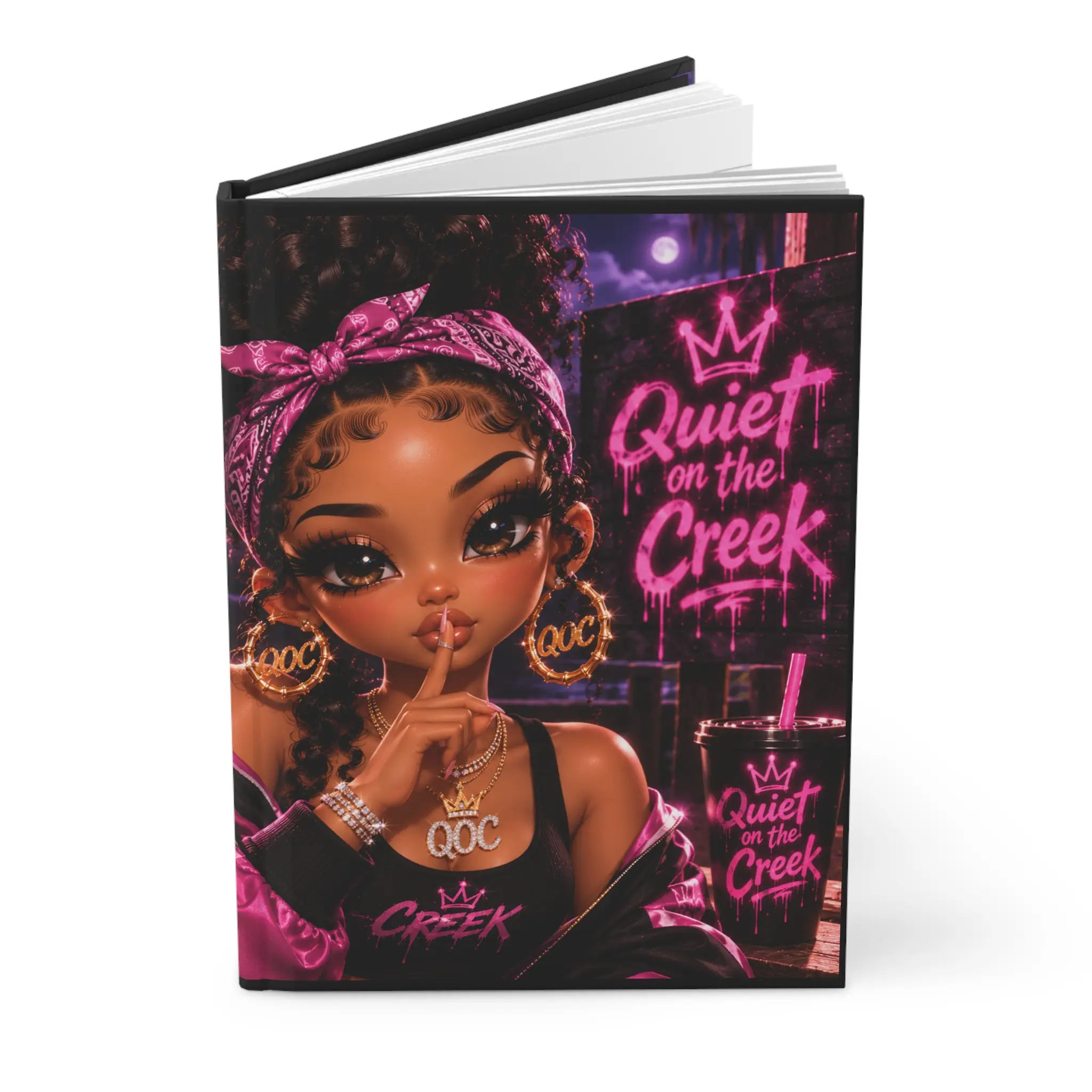 Quiet on the Creek girl illustration Hardcover Journal | Matte cover, pink neon