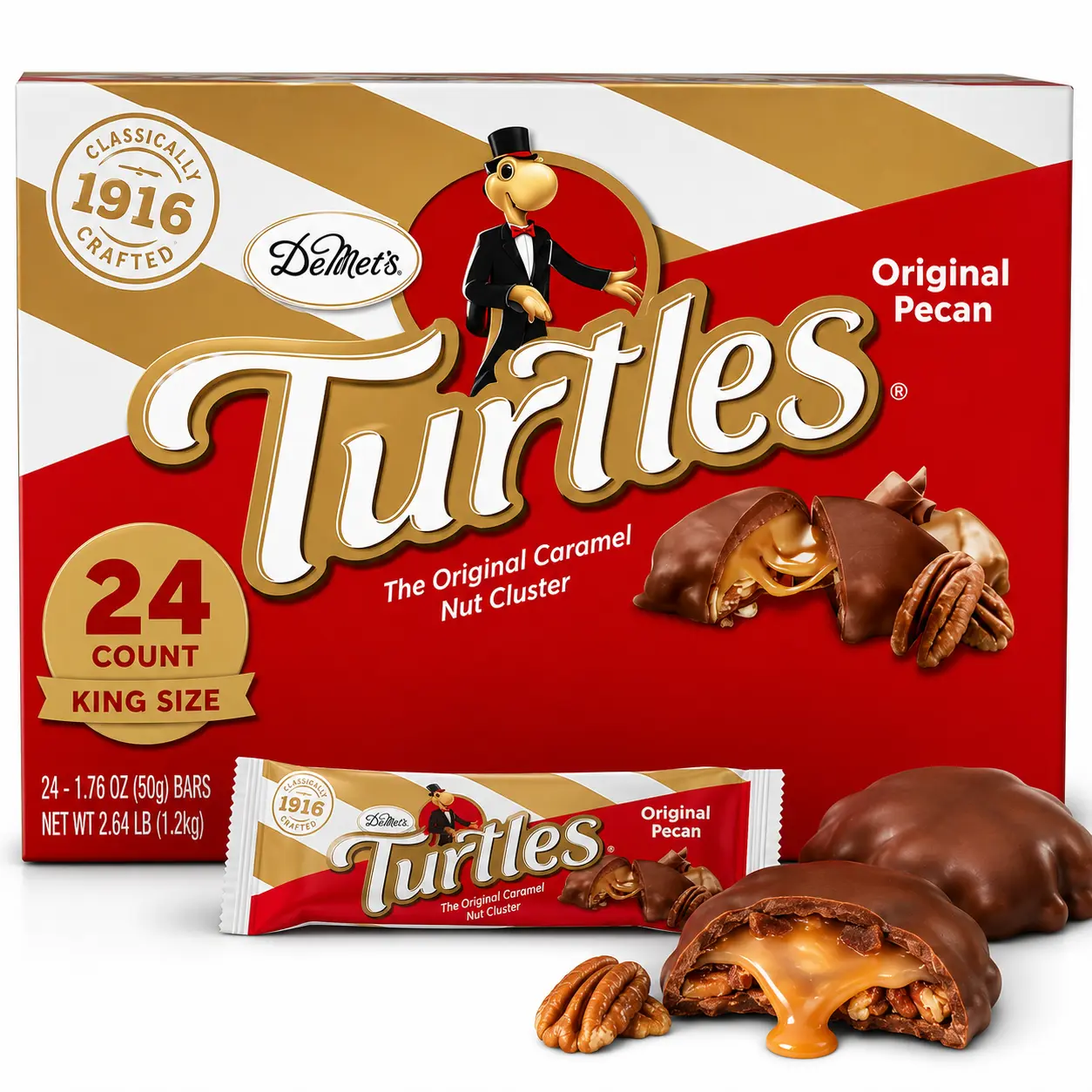 Turtles Original Pecan & Caramel Clusters King Size 24 Count  Chocolate Covered Pecans with Creamy Caramel | Individually Wrapped Candy Bars