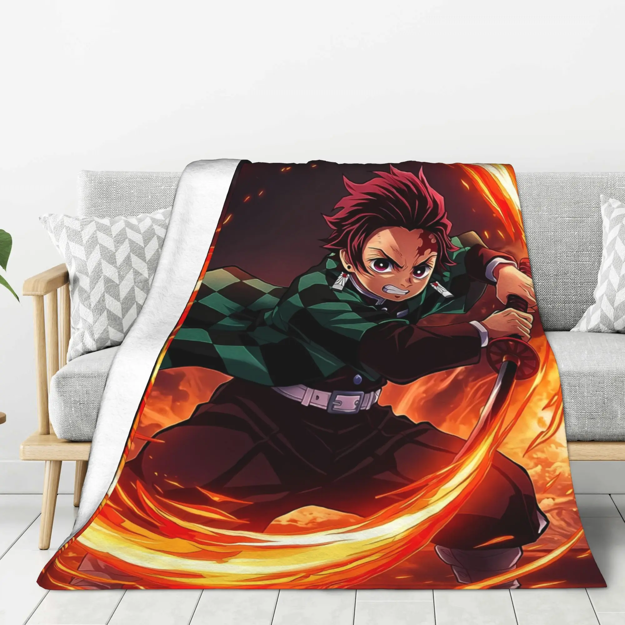 Demon Slayer Tanjiro Kamado Flannel Blanket Anime Themed Soft Warm Throw Blanket for Couch Bed