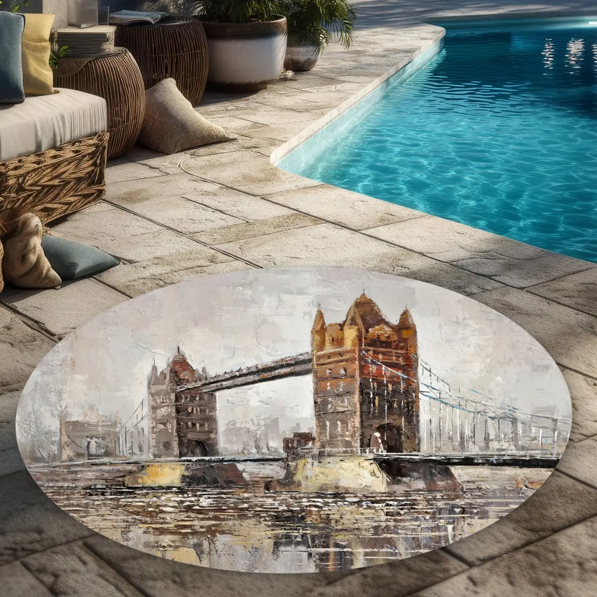 360 Stand Beige Round Tower Bridge Print Area Rug, 5x5 ft, Easy Cleaning Printed Face, Indoor-Outdoor Patio/Deck/Living Use, Large Home Decor Rug, Decorated Area Rugs