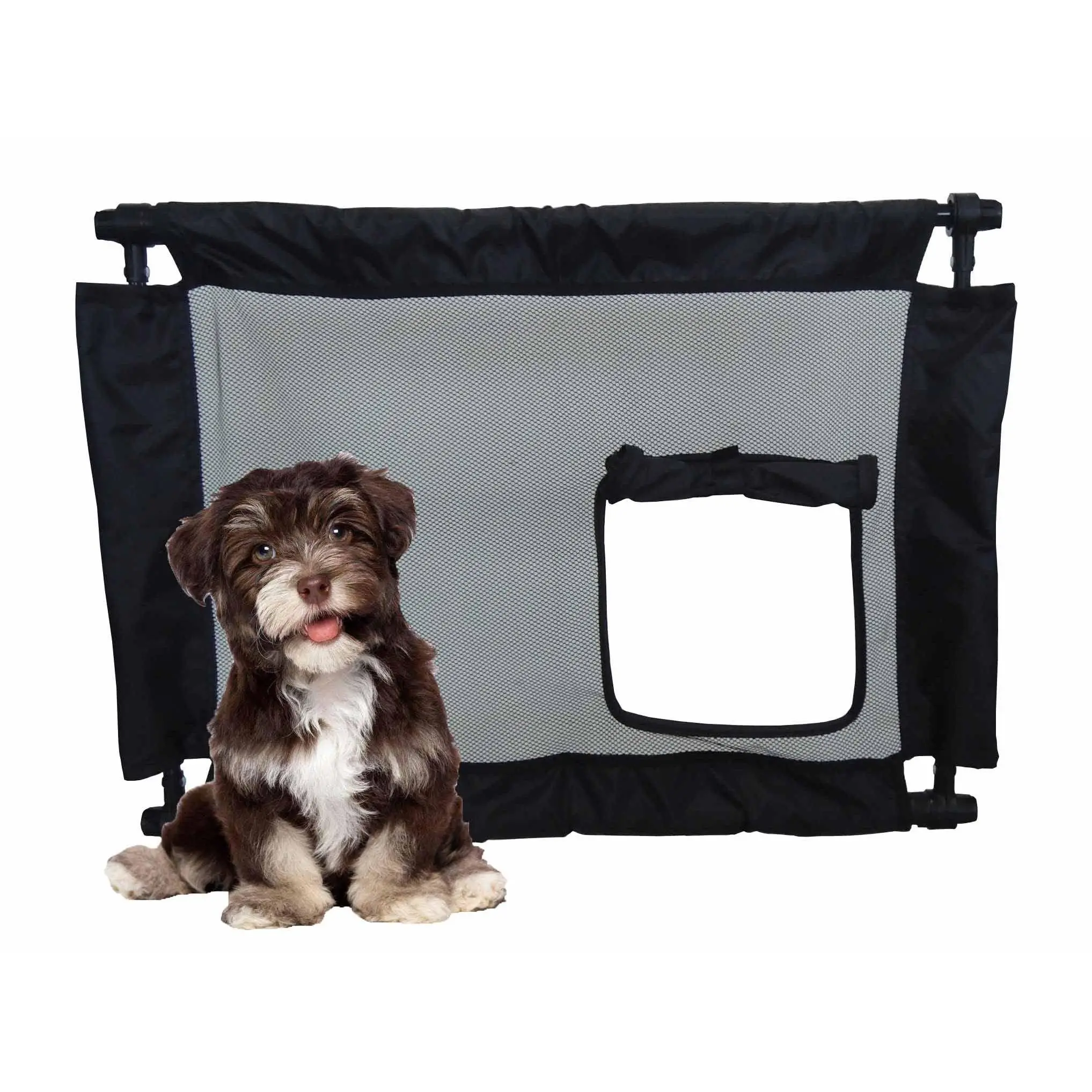 Pet Life Porta-Gate Portable Travel Pet Gate with Adjustible Length - Collapsible Folding Cat and Dog Gate with Built-in Zippered Pet Door