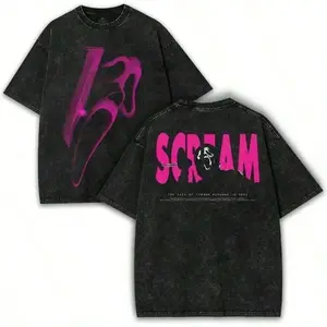 Retro dark goth streetwear acid washed tee faded pink ghostface front bold pink Scream cutout horror mask plus indie movie quote back lightweight black oversized top for walks horror events vacation daily street style