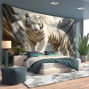 White Tiger Tapestry Tiger Landscape Backdrop Wildlife Theme Wall Hanging Photography Background Animal Decor for Living Room Bedroom Indoor Outdoor Home Decoration