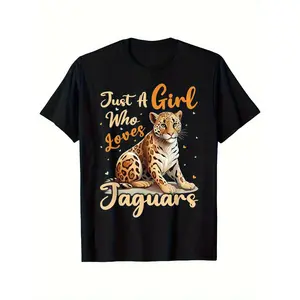 1pc 'lack Jaguar Graphic T-Shirt - Cute Leopard Print & "Just a Who Loves Jaguars" Slogan, Soft Crew Neck Tee, Medium Stretch Knit Fabric, All-Season Casual Shirt for Boys & Girls, Halloween Christmas Valentine'S Day Outfits